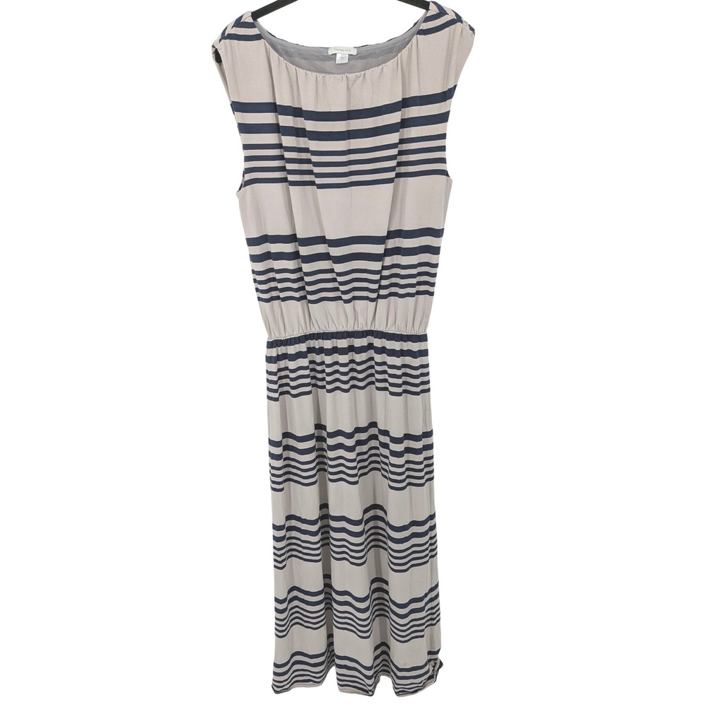 Garnet Hill Maxi Dress‎ Women Large Tan Blue Striped Sleeveless Elastic Waist